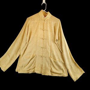 Shanghai Tang Silk Blouse Pale Yellow Floral Frog Button Size 12 Elegant Chic